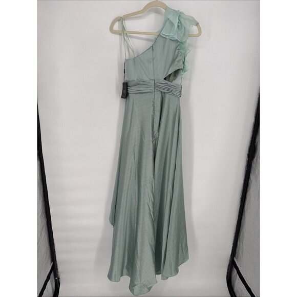 Mac Duggal Size 0 Sage Green Asymmetric Ruffled Satin High-Low Prom Gown Dress - Picture 7 of 10